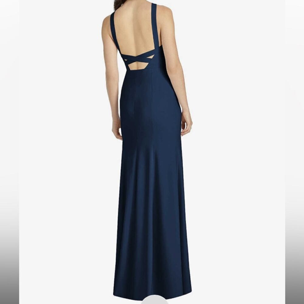Dessy Collection NWT High Neck Backless Crepe Trumpet Midnight Gown Size 16 - Picture 2 of 8
